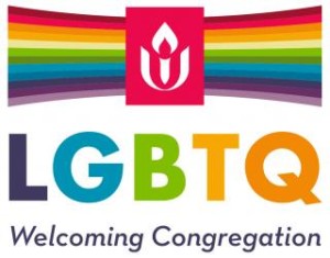 Stylized UU chalice logo with rainbow bars radiating out from it on either side. Below it, a caption reads, 'LGBTQ Welcoming Congregation.'