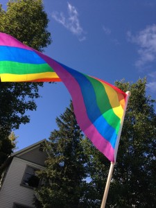 Rainbow flag billowing against a background of blue sky, tree foliage and part of a house