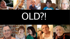 Promotional image for film 'OLD?!' Rectangular image is divided into three vertical rows. Across top row are four pictures close-up pictures of children of various ages. In the middle row, the name of the film, 'OLD?!' is centered. And across the bottom row are close-up pictures of four adults