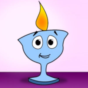 Cartoon image of a blue chalice with flame. The chalice has a facial expression that includes eyebrows, widely-opened eyes and a smile