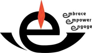 Lower-case letter "e" crafted as a chalice a flame emerging from the letter's crossbar. In the upper right of the design are the words "embrace," "engage" and "empower"