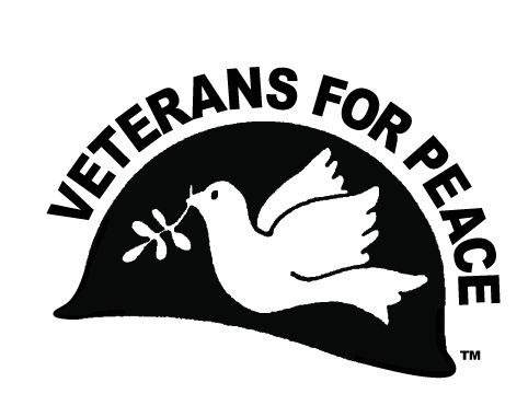 Logo, Veterans for Peace. Side view of white dove, carrying olive branch in its mouth, superimposed against side view of black military helmet