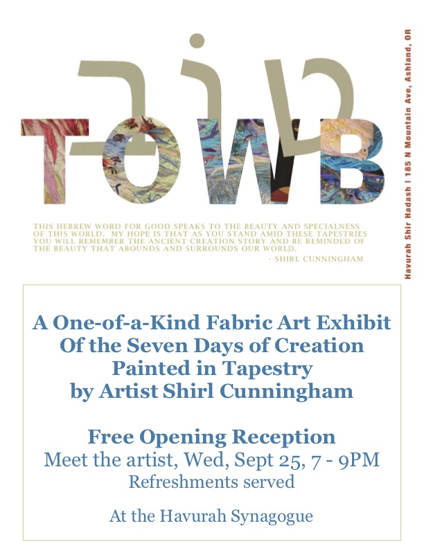 Fabric Arts Exhibit Opening Reception Weds, Sept 25, 7pm at Havurah Shir Hadash