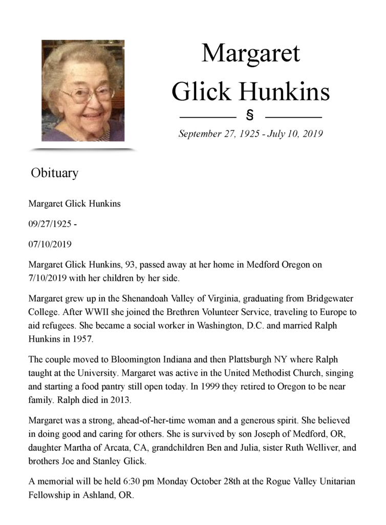 Obituary and picture of Margaret Hunkins