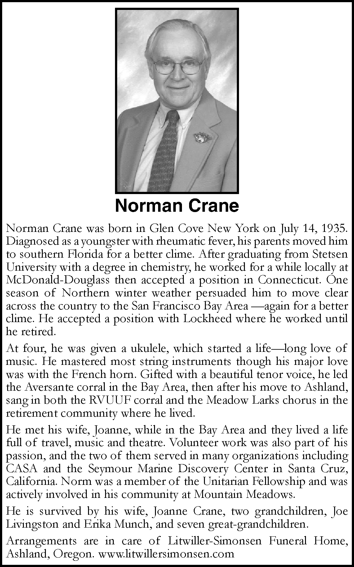 Picture and obituary for Norm Crane