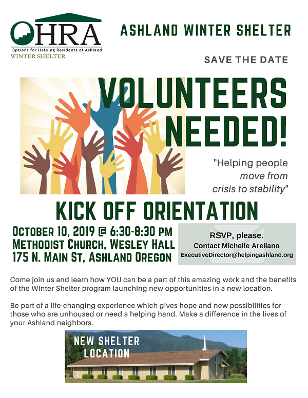 Poster with information about volunteer training for Ashland Winder Shelter 10/10/19 at 6:30pm at 175 N Main St 