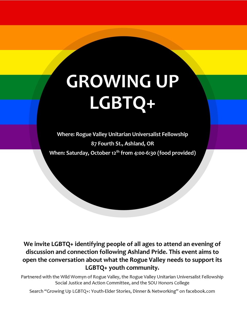 Growing Up LGBTQ+ Event Poster Oct 12 at RVUUF 4-6:30pm