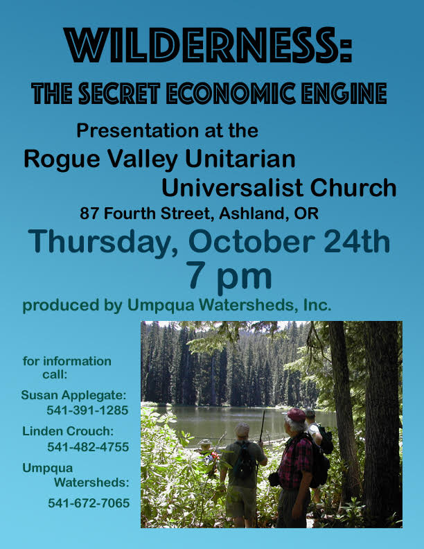 Flyer for Umpqua Watersheds presentation happening Oct 24, 7pm in RVUUF great hall.