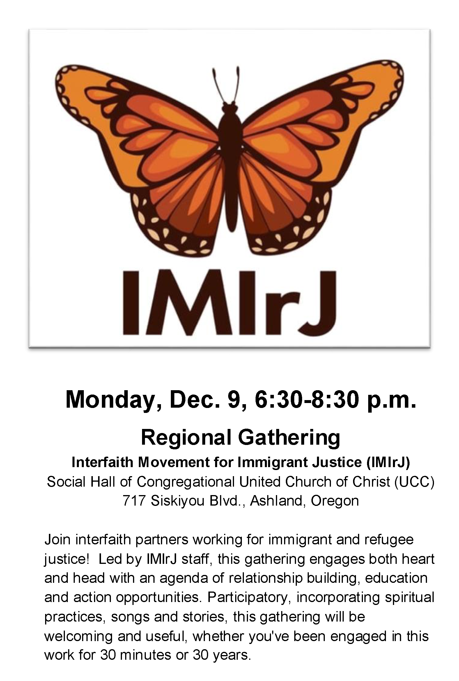 Floyer for Regional Gathering of Interfaith Movement for Imigrant Justice Mon Dec 9 at 717 Siskiyou Blvd in Ashland at 6:30pm