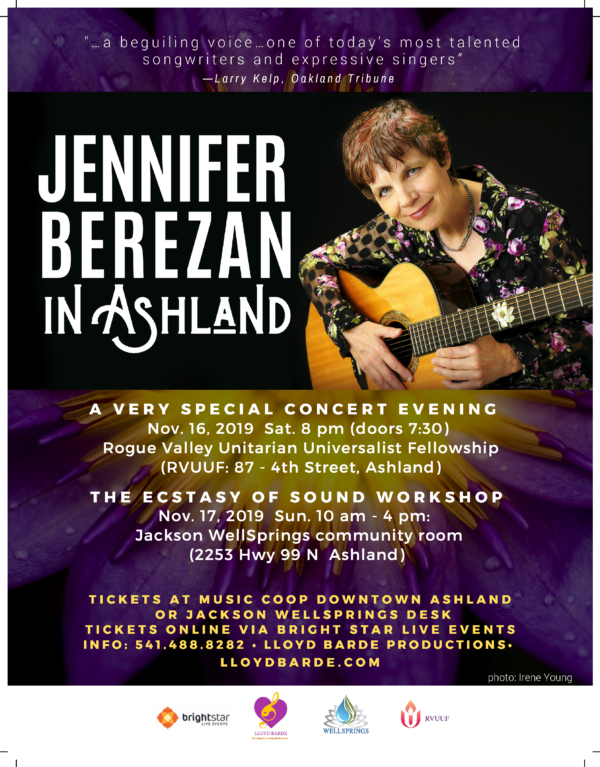 Flyer for Jennifer Berezan Concert Nov 16 at 8pm at RVUUF & Worshop Nov 17 10am at Jackson Wellsprings