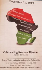 Cover of Kawanza service program shows image of African continent with the seven principles of Kwanza listend and defined