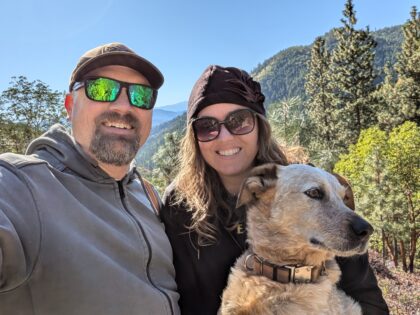 Pianist Jen Marie Davidson outdoors with her husband and dog